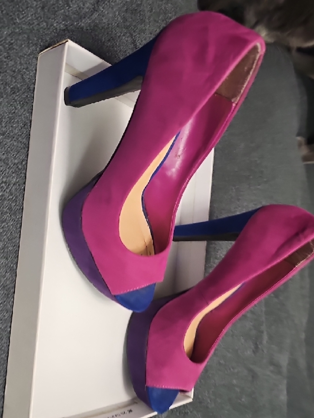 Candie's Fuchsia Open-Toe Pumps with Blue Accents - Picture 2 of 11